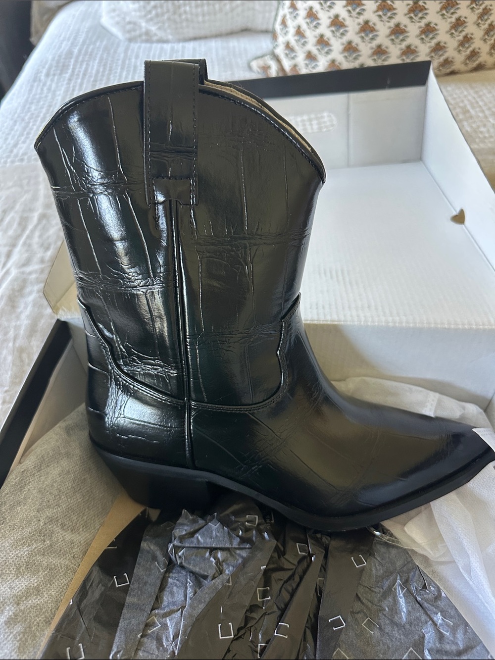 ShuShop Black Faux-Croc Western Ankle Boot